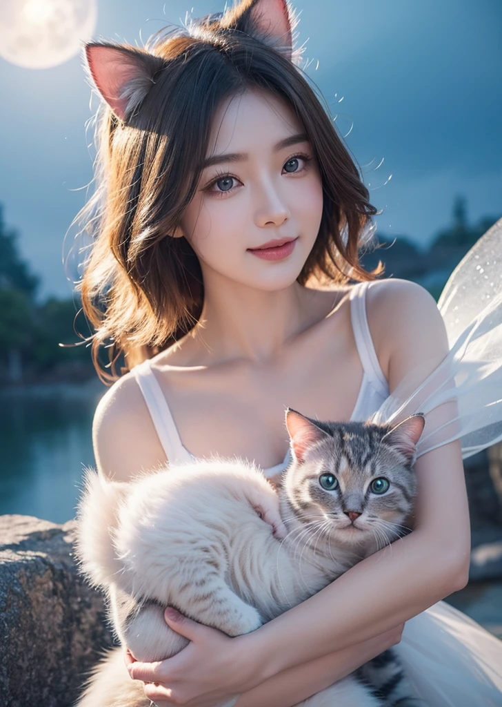 Diffuse lighting、 Highest quality, High resolution, unity 8k wallpaper、Supersaturation, Colorful, fairy tale, dream-like, Movie-like characters, oil, 3d, 8K resolution, Sequins, Sparkling, moonlight, Close-up portrait adorable,Too cute cat, Fine grain, Large, round, reflective eyes,Dreamland、pastel colour、pleasant to the touch、Facing forward、smile、full moon、Mysterious Flower、Beautiful cat、cute cat、