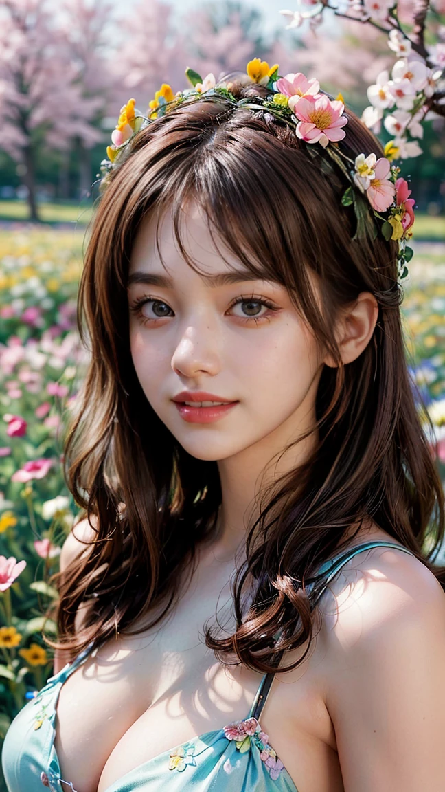 (Masterpiece, BestQuality:1.3), (ultra detailed:1.2), (hyperrealistic:1.3), (RAW photo:1.2),High detail RAW color photo, professional photograph, (Photorealistic:1.4), (realistic:1.4), ,professional lighting, (japanese), beautiful face, (realistic face), cute woman, (Brown Hair:1.5), (Big Breasts:1.3), (cheerful Smile:1.35), Trending Hair&Trending Hairカラーをランダムに, sexly, erotic sexly, (Sexy beauty in a pink summer dress in a flower field、She is smiling gracefully with a flower crown on her head.。:1.4), Beautiful location, (Detailed Background))