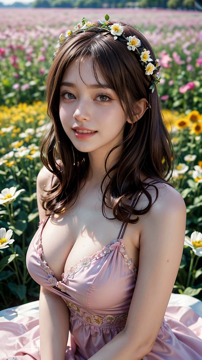(Masterpiece, BestQuality:1.3), (ultra detailed:1.2), (hyperrealistic:1.3), (RAW photo:1.2),High detail RAW color photo, professional photograph, (Photorealistic:1.4), (realistic:1.4), ,professional lighting, (japanese), beautiful face, (realistic face), cute woman, (Brown Hair:1.5), (Big Breasts:1.3), (cheerful Smile:1.35), Trending Hair&Trending Hairカラーをランダムに, sexly, erotic sexly, (Sexy beauty in a pink summer dress in a flower field、She is smiling gracefully with a flower crown on her head.。:1.4), Beautiful location, (Detailed Background))