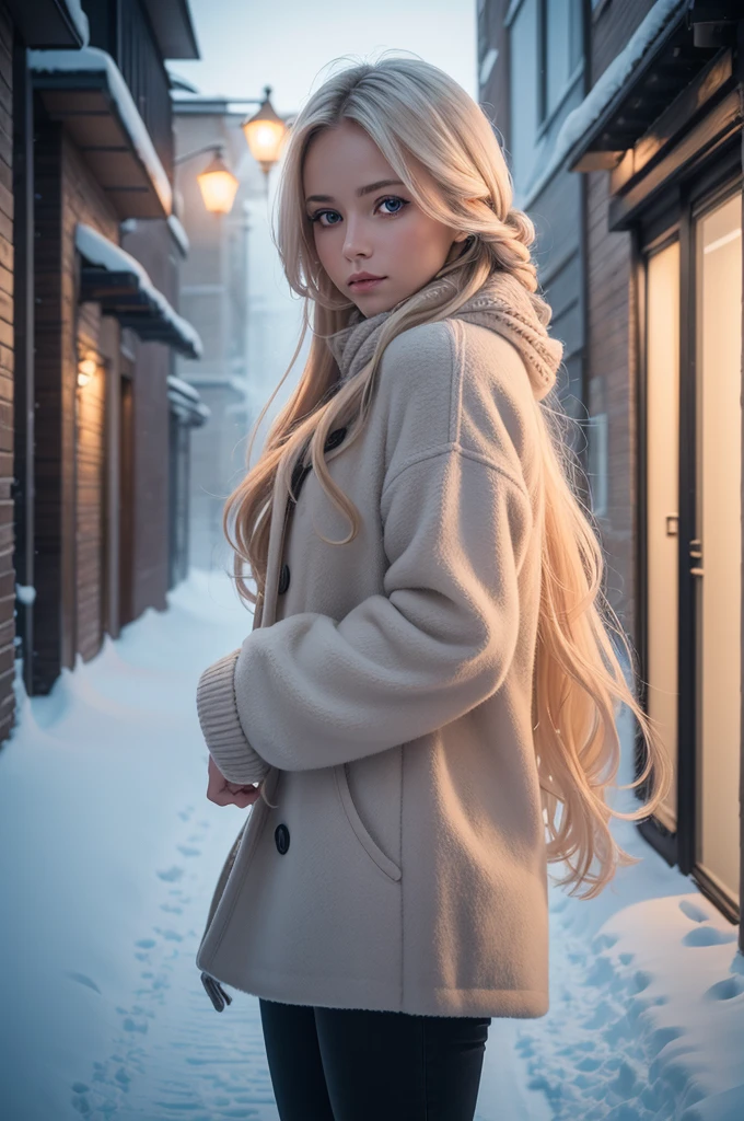 professional photography of a beautiful norwegian girl in winter clothes with long wavy blonde hair, sensual and seductive look, beautiful symmetrical face, beautiful natural makeup, wearing chic warm winter fashion clothing, ((standing outside on the snowy city street)), impressive modern urban environment, ultra realistic, conceptual artwork, chic, highy detailed, intricate, sharp focus, Depth of field, f/1. 8, 85 mm, medium shot, mid shot, (((professional color grading))), soft and bright diffused light, (Volumetric fog), Trends on Instagram, HD 4k, 8K