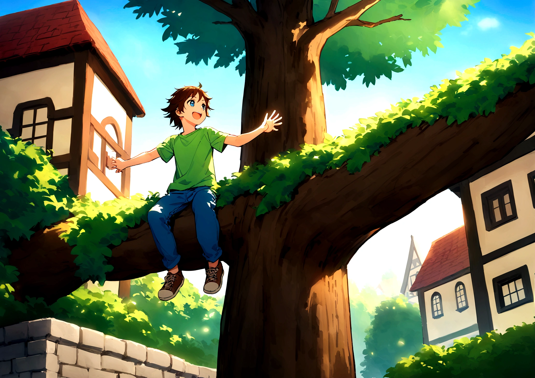Jack is an eight-year-old boy with tousled brown hair and bright blue eyes. He wears worn-out blue jeans, a bright green t-shirt and sturdy brown sneakers. Jack is halfway up a tall, sturdy tree, his bright eyes sparkling with excitement and determination. The tree is lush with green leaves, and its branches spread out wide, providing plenty of handholds and footholds. Jack's hands grip a thick branch above him, while one of his feet is securely placed on a lower branch. Sunlight filters through the leaves, casting dappled shadows on Jack and the tree trunk. In the background, a peaceful village can be seen with charming houses and cobblestone streets, along with a clear blue sky overhead. Jack's joyful expression and adventurous spirit are evident as he climbs higher, exploring his surroundings from a new vantage point.