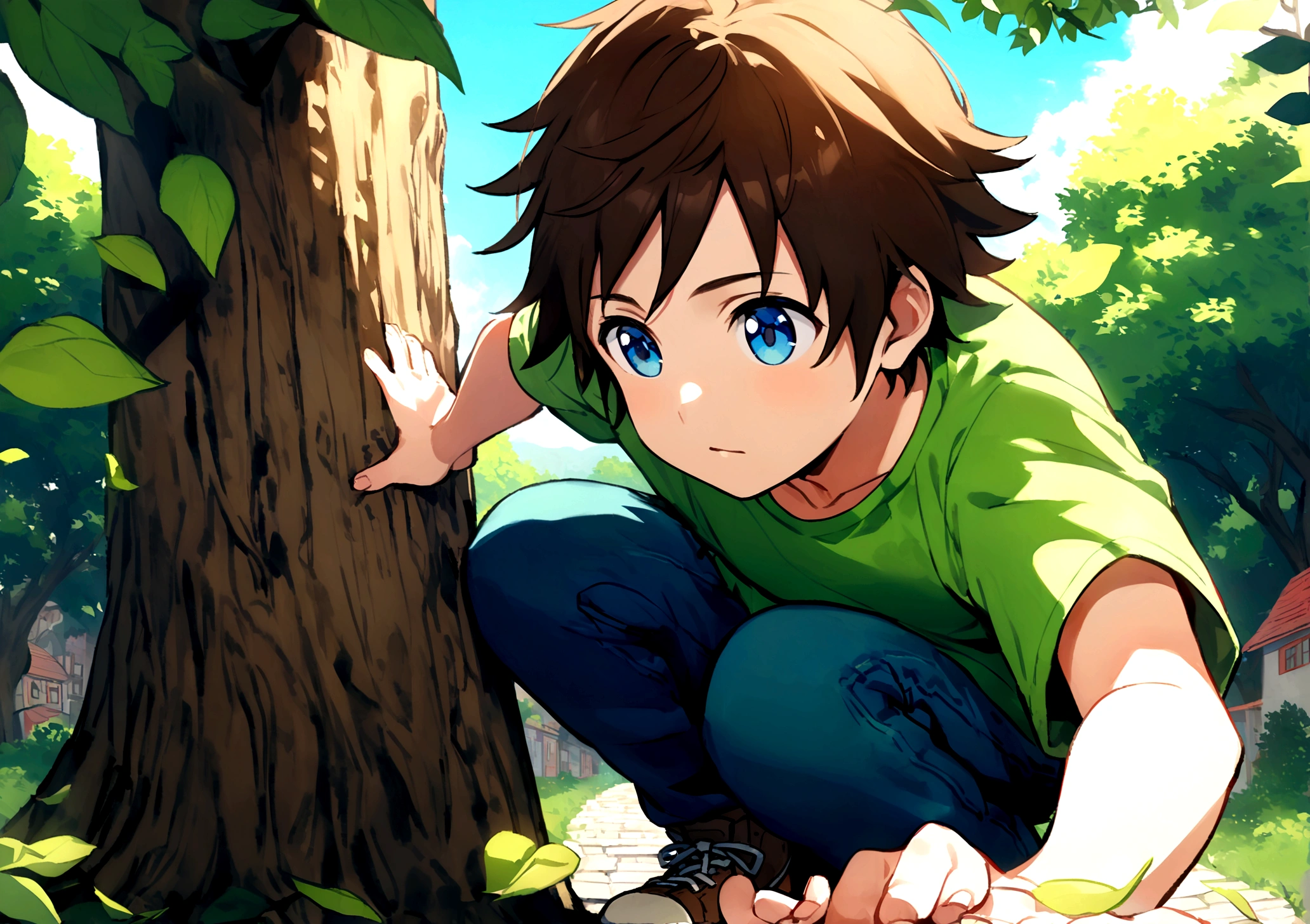 Jack is an eight-year-old boy with tousled brown hair and bright blue eyes. He wears worn-out blue jeans, a bright green t-shirt and sturdy brown sneakers. Jack is halfway up a tall, sturdy tree, his bright eyes sparkling with excitement and determination. The tree is lush with green leaves, and its branches spread out wide, providing plenty of handholds and footholds. Jack's hands grip a thick branch above him, while one of his feet is securely placed on a lower branch. Sunlight filters through the leaves, casting dappled shadows on Jack and the tree trunk. In the background, a peaceful village can be seen with charming houses and cobblestone streets, along with a clear blue sky overhead. Jack's joyful expression and adventurous spirit are evident as he climbs higher, exploring his surroundings from a new vantage point.