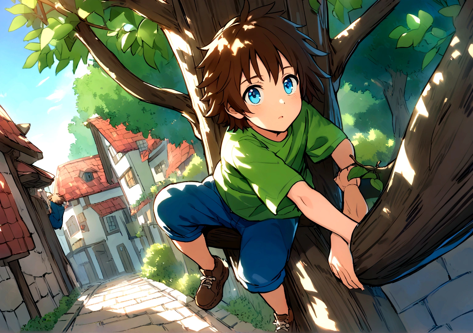 Jack is an eight-year-old boy with tousled brown hair and bright blue eyes. He wears worn-out blue jeans, a bright green t-shirt and sturdy brown sneakers. Jack is halfway up a tall, sturdy tree, his bright eyes sparkling with excitement and determination. The tree is lush with green leaves, and its branches spread out wide, providing plenty of handholds and footholds. Jack's hands grip a thick branch above him, while one of his feet is securely placed on a lower branch. Sunlight filters through the leaves, casting dappled shadows on Jack and the tree trunk. In the background, a peaceful village can be seen with charming houses and cobblestone streets, along with a clear blue sky overhead. Jack's joyful expression and adventurous spirit are evident as he climbs higher, exploring his surroundings from a new vantage point.