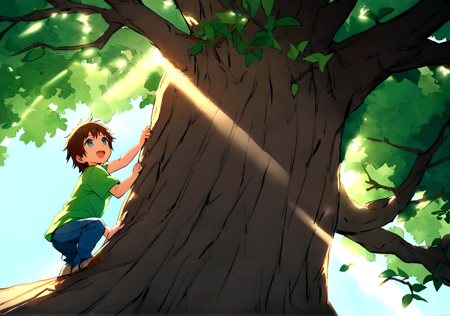 Jack is an *****-****-*** boy with tousled brown hair and bright blue eyes. He wears worn-out blue jeans, a bright green t-shirt and sturdy brown sneakers. Jack is halfway up a tall, sturdy tree, his bright eyes sparkling with excitement and determination. The tree is lush with green leaves, and its branches spread out wide, providing plenty of handholds and footholds. Jack's hands grip a thick branch above him, while one of his feet is securely placed on a lower branch. Sunlight filters through the leaves, casting dappled shadows on Jack and the tree trunk. In the background, a peaceful village can be seen with charming houses and cobblestone streets, along with a clear blue sky overhead. Jack's joyful expression and adventurous spirit are evident as he climbs higher, exploring his surroundings from a new vantage point.