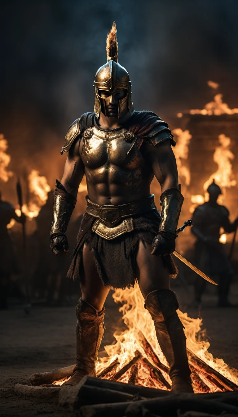 Draw a Spartan warrior standing beside a roaring bonfire, his silhouette cast against the flames, battle atmosphere background, hyper realistic, ultra detailed hyper realistic, photorealistic, Studio Lighting, wearing a gold crown, reflections, dynamic pose, Cinematic, Color Grading, Photography, Shot on 50mm lens, Ultra-Wide Angle, Depth of Field, hyper-detailed, beautifully color, 8k