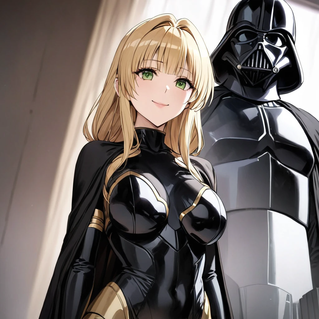 ((Highest quality)), ((masterpiece)), (detailed), (Perfect Face)、The woman is a Stormtrooper named Tiare, with green eyes, blonde medium-length hair, and a Princess Leia hairstyle. She is wearing a gorgeous black leotard suit with gold embroidery and trim, and a gorgeous black cape.、The woman is standing next to Darth Vader and smiling sweetly at him.