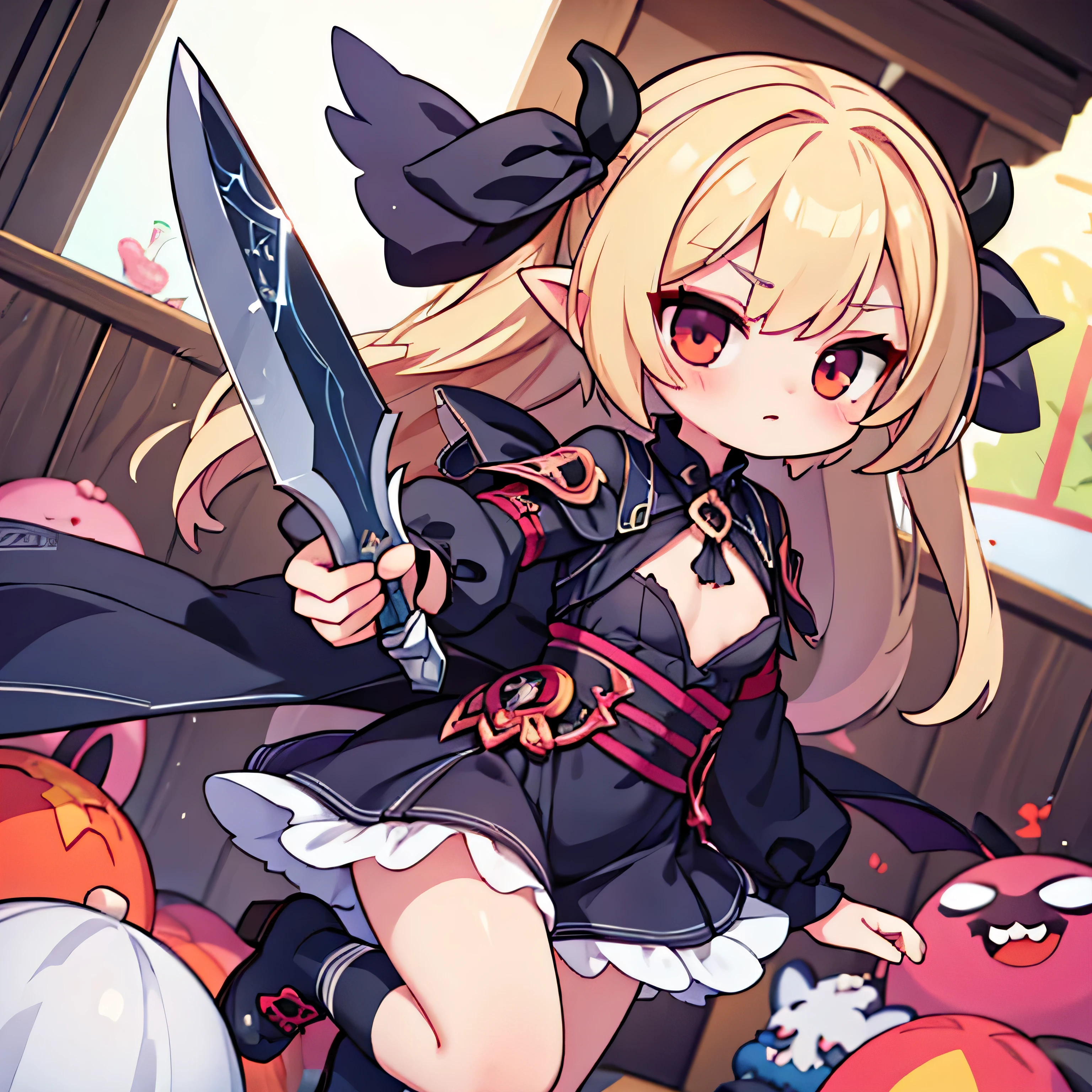 Succubus,chibi,sword is collectly at hand,dutch angle,NFSW