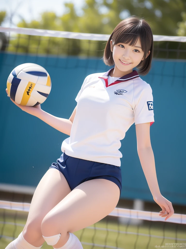 Glossy thighs、(8K、top-quality、masterpiece:1.2)、(realisitic、Photorealsitic:1.37)、ultra-detailliert、top-quality、超A high resolution、professionally lit、Photon mapping、Radio City、physically-based renderingt、Cinematic lighting、depth of fields,Focusing,Sun'rays,Good composition,,(((1 girl ))),Double eyes、(((white Volleyball uniform 、Dark blue high-leg low-rise bloomers)))、Gymnasium、A big smile、Gymnasium Court, (Tween model, 12 year oldg)), Ethereal beautiful, slim, very beautiful short hair,Colossal tits、 Toned abs, short cut hair、Soft light, ((David Hamilton Style)),