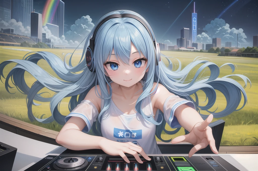 One girl, alone, 20-year-old, Light blue eyes, Blue Hair, Long, beautiful wavy hair, smile, Nice casual clothes, grassland, headphone, Detailed DJ equipment, djing, Beautiful rainbow, masterpiece, Fine Fingers, 最high quality:1.4, high quality, detailed