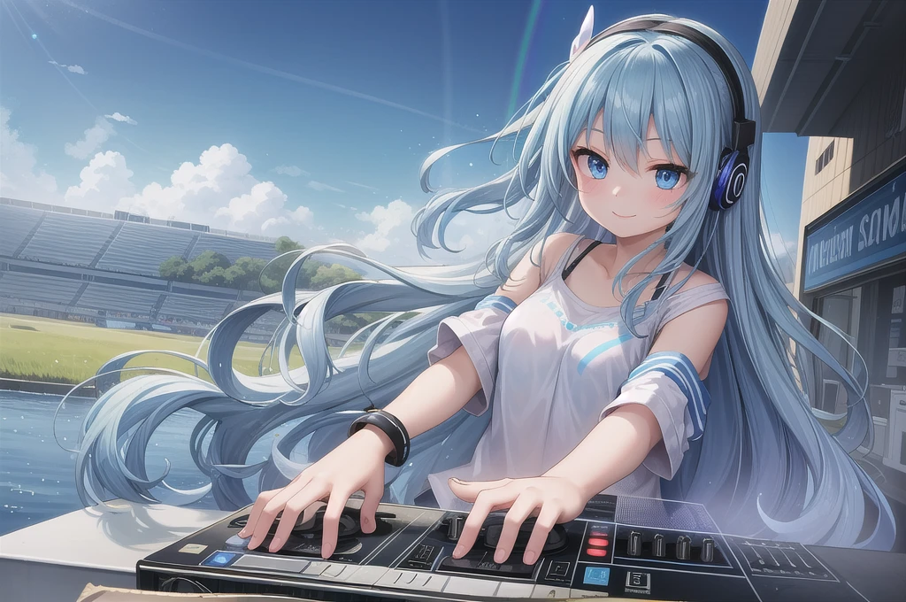 One girl, alone, 20-year-old, Light blue eyes, Blue Hair, Long, beautiful wavy hair, smile, Nice casual clothes, grassland, headphone, Detailed DJ equipment, djing, Beautiful rainbow, masterpiece, Fine Fingers, 最high quality:1.4, high quality, detailed