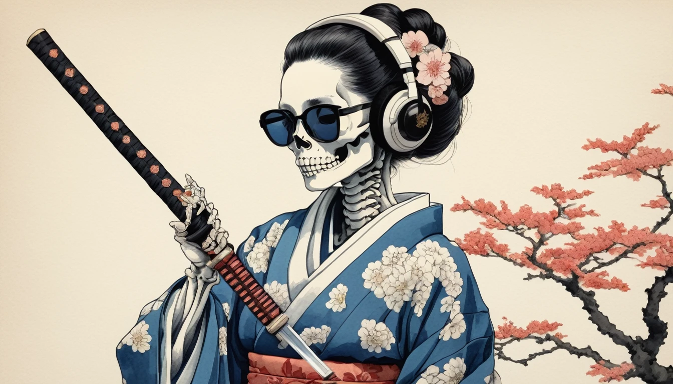 (((Katsushika Hokusai))), ((The left half of the face is a skeleton)), Red ribbon on head, Japanese pattern headphones, straighthair, Horror elements