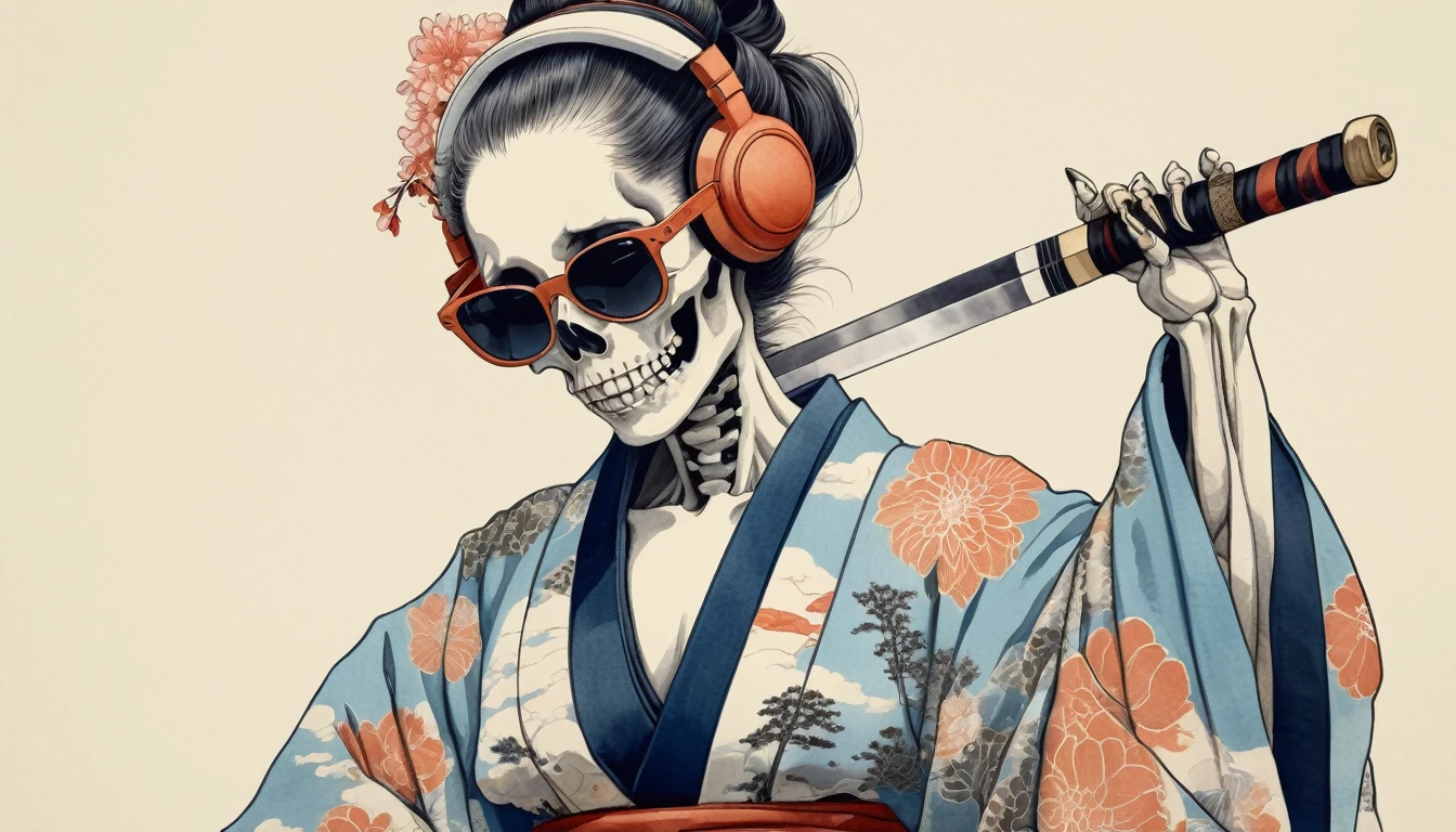 A female skeleton wearing a gorgeous kimono, Light colored sunglasses, Katsushika Hokusai, Ink Painting, Japanese style headphones, Holding a Japanese sword in one's mouth, Modern ukiyo-e style, Red Eyes
