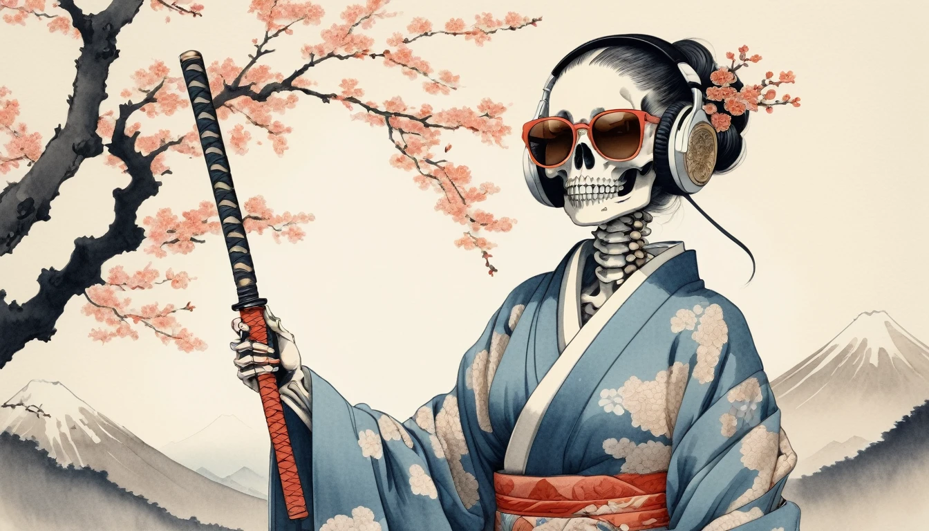 A female skeleton wearing a gorgeous kimono, Light colored sunglasses, Katsushika Hokusai, Ink Painting, Japanese style headphones, Holding a Japanese sword in one&#39;s mouth, Modern ukiyo-e style, Red Eyes