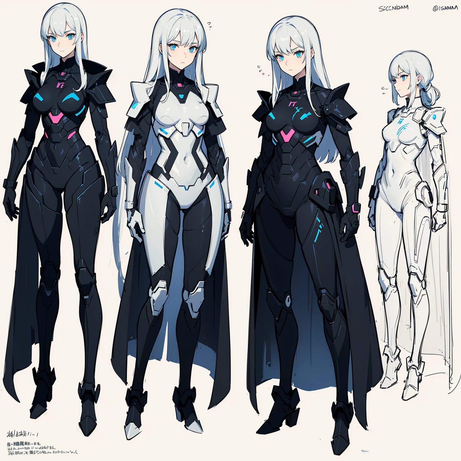 (((full body photo))) sketch, no color, femboy wearing a lightly armoured body suit, sci-fi themes, chest armour, gundam, best quality, arte oficial, Sketch line diagram, eye blue, front view, back view, and side view of character, long hair