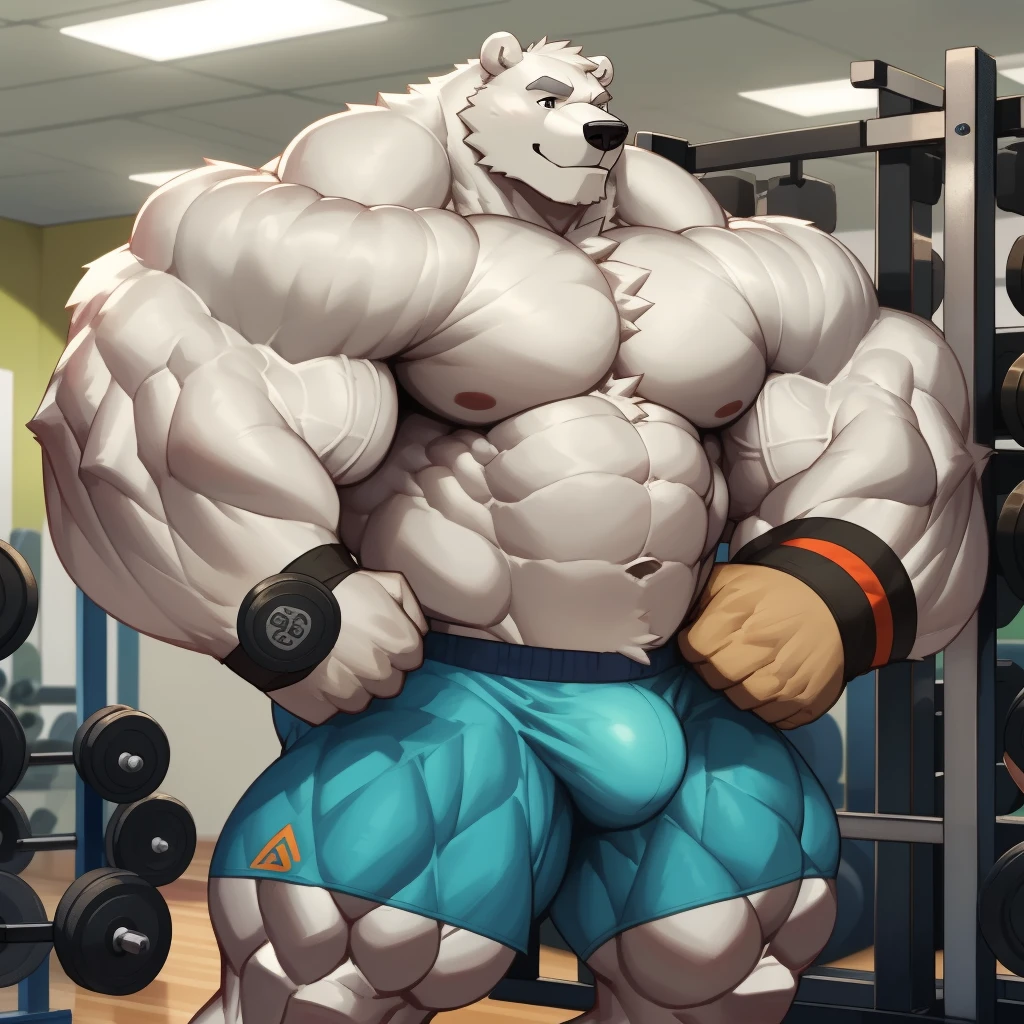 solo, 1boy, correct anatomy, perfect anatomy, (furry white bears, polar bear,) perfect proportion, big eyes, wide chest, bulky, bulk, bulge, happy. Huge Muscular  polar bear at the gym working out,(blue shorts and wristbands), lifting two heavey dumbbells, view from front, pectoral, thick arms, huge pectoral, huge white fur, wide pectoral, gym fitness center background, masterpiece, semirealistic:1.2, high detailed, 8k, high resolution, perfect center, full view. ((really big muscle, massive muscular, sixpack, thick arms, wide pectoral, super huge muscle, hyper muscular, over sized muscle, huge arms, big arms, huge pectoral))