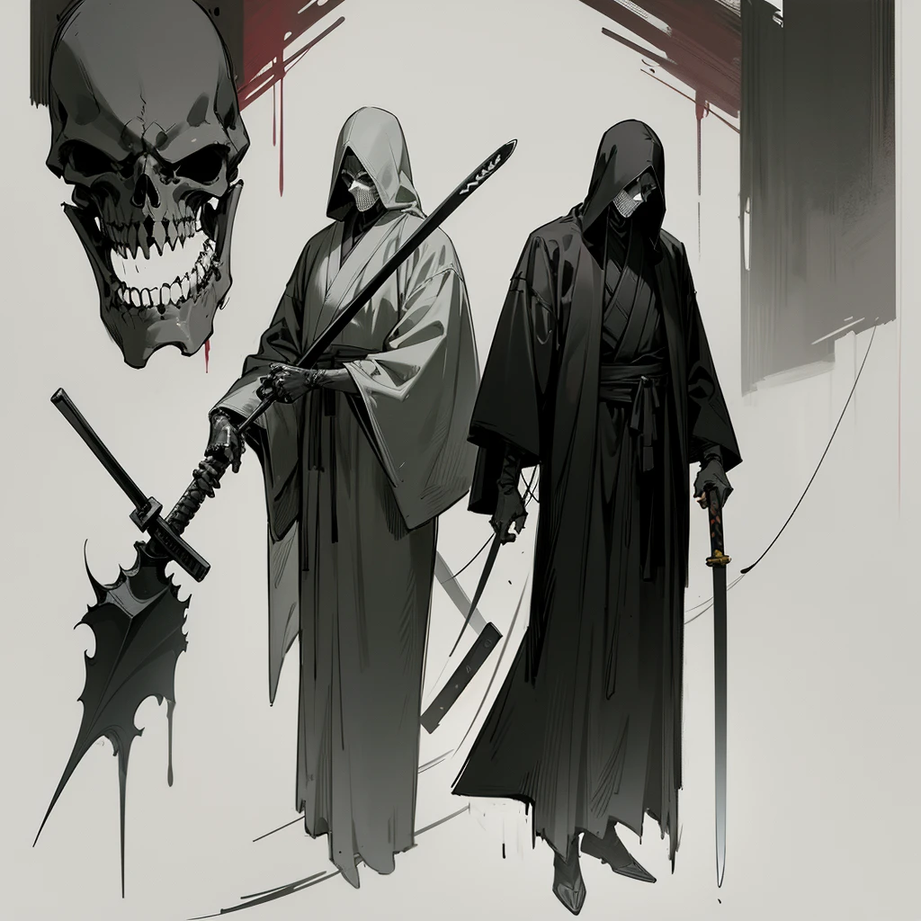 Drawing of a man holding a Japanese sword and a hatchet, the Angel of Death, Angel of Death, Full body concept, Spooky and gloomy art style, Detailed but rough, Pure black body, detailed Full body concept, Grim Reaper Illustration, Demon Soul concept art, skeleton with extra fleshy bits, dark souls concept, Dark skin