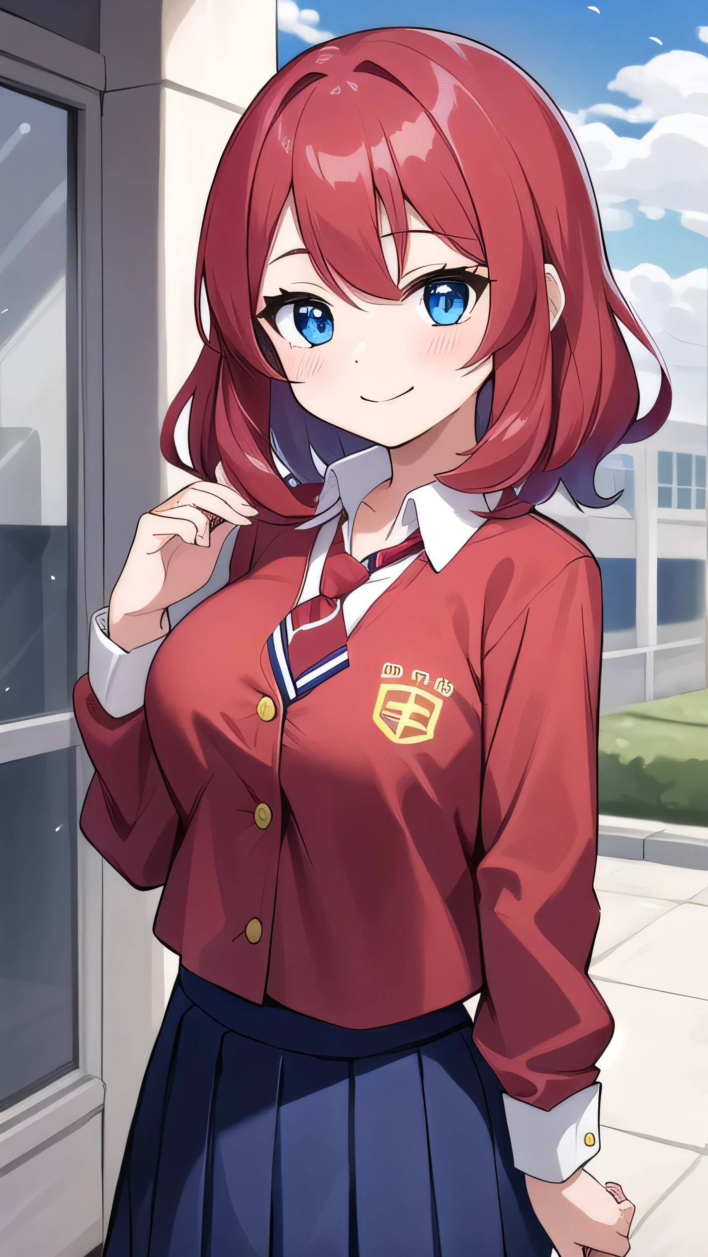 Big breasts, red hair, blue eyes, droopy eyes, red jacket, long sleeves, navy skirt, elementary school student, (super big breasts:1.1), (medium hair: 1.2), baggy clothes, elementary school student, young face, short height, 10 years old, old, shy A shy guy, smiling a little, trying to open the buttons of his shirt, white shirt, red tie,(straight hair:1.2) , gentle smile, a little smile