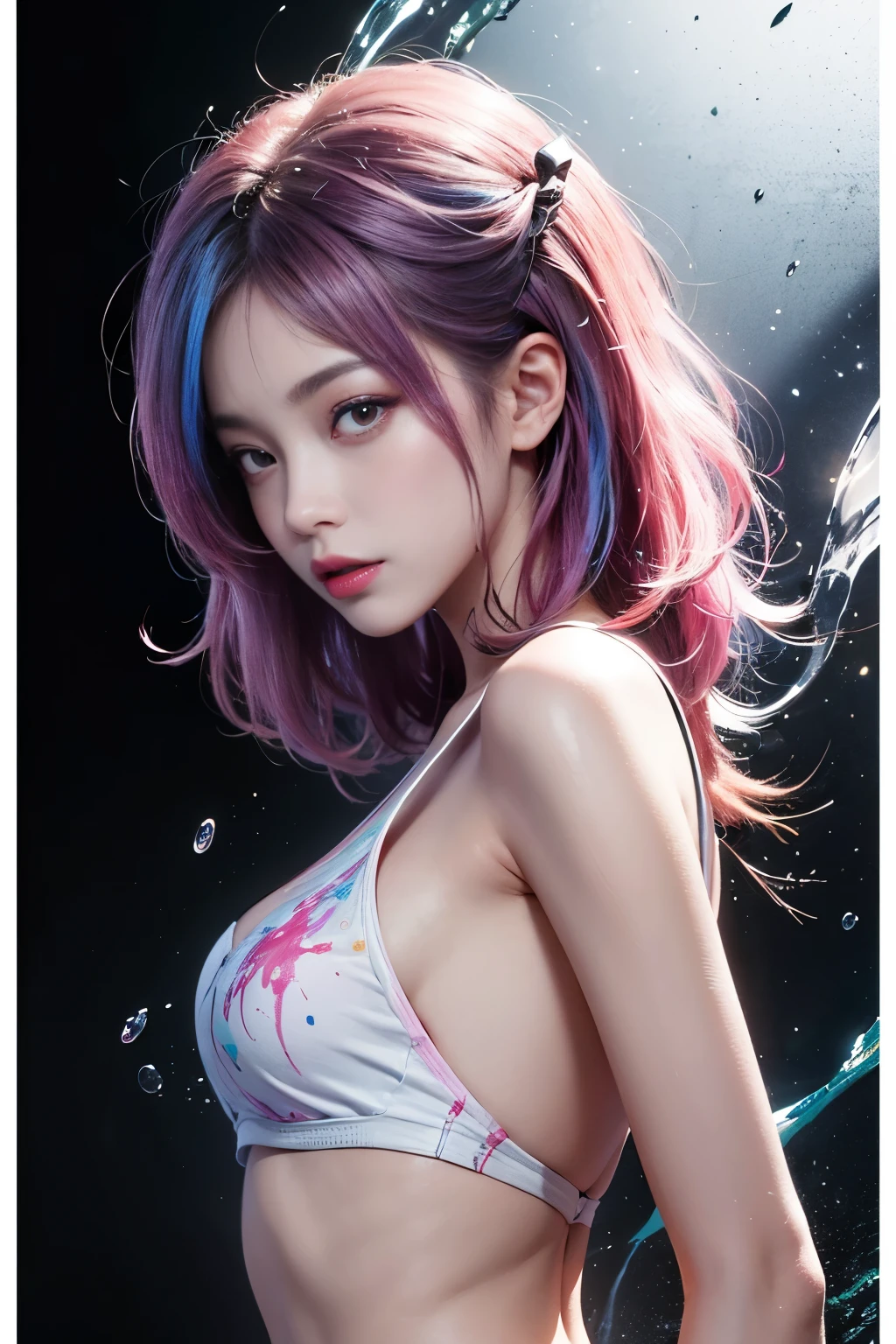 (SFW、masuter piece、Best Quality、masutepiece、top-quality、Top image quality、extremely beautiful lady)、(Pink fashion T-shirt:1.9)、(colourful hair:1.8)、(all the colours of the rainbow:1.8)、((((Vertical Painting:1.6)))、(Painterly:1.6)、frontage、comic strip、illustratio、Painterly、big eye、Sheer eyes、(Iridescent gradient high ponytail:1.7)、Exquisite makeup、Mouth closed、(Small fresh:1.5)、(Wipe Chest:1.6)、long eyeslashes、White off-the-shoulder T-shirt、White shoulder shirt、looking at the spectator、Large watery eyes、(rainbow-colored hair:1.6)、 color splashes, (独奏:1.8), color splashes, Color explosion, Thick paint style, Messy lines, ((Shines)), (colourfull), (colourfull), colourfull, colourfull, Chic paint style, (Splash) (color splashes), Vertical Painting, The upper part of the body, Paint splashes, Acrylic Pigment, gradients, paint, Top image quality, Top image quality, ​masterpiece, 独奏, depth of fields, facepaint, colourful clothes, (elegent: 1.2), Gorgeous,length hair, the wind, (elegent: 1.3), (flower petals:1.4)、(((​masterpiece)))、(((top-quality)))、((ultra-detailliert))、(illustratio)、(dynamic ungle)、((Planktonic))、(paint)、((dishevled hair))、(独奏)、(1girl in)、((Detailed anima face)))、((beautifull detailed face))、collars、bare shoulders​、white  hair、((colourful hair))、(((striated hair))、beatiful detailed eyes、(Gradient color eyes)、(((Colorful eyes))))、(colorful backdrop))))、((((a high chroma))))、(((Surrounded by colorful splashes)))、lightbrown hair、Intense crystal light blue eyes、Highlights in the eyes、Look firmly at the camera、((extremely beautiful lady、NSFW Whatever?、masuter piece、Highest Standards、top-quality、Top image quality、超A high resolution、Symmetrical beauty、Add strong highlights to the eyes))、Be bold in the crotch、very massive udder、Exposed udder、Beautiful areola、protruding papillae、(huge-breasted)、portlate、Perfect Angle、acrobatic pose、(Professional quality、hight resolution)、perfect contrast、Perfect litthing、perfect-composition、flawless skin、perfect hand、Perfect finge