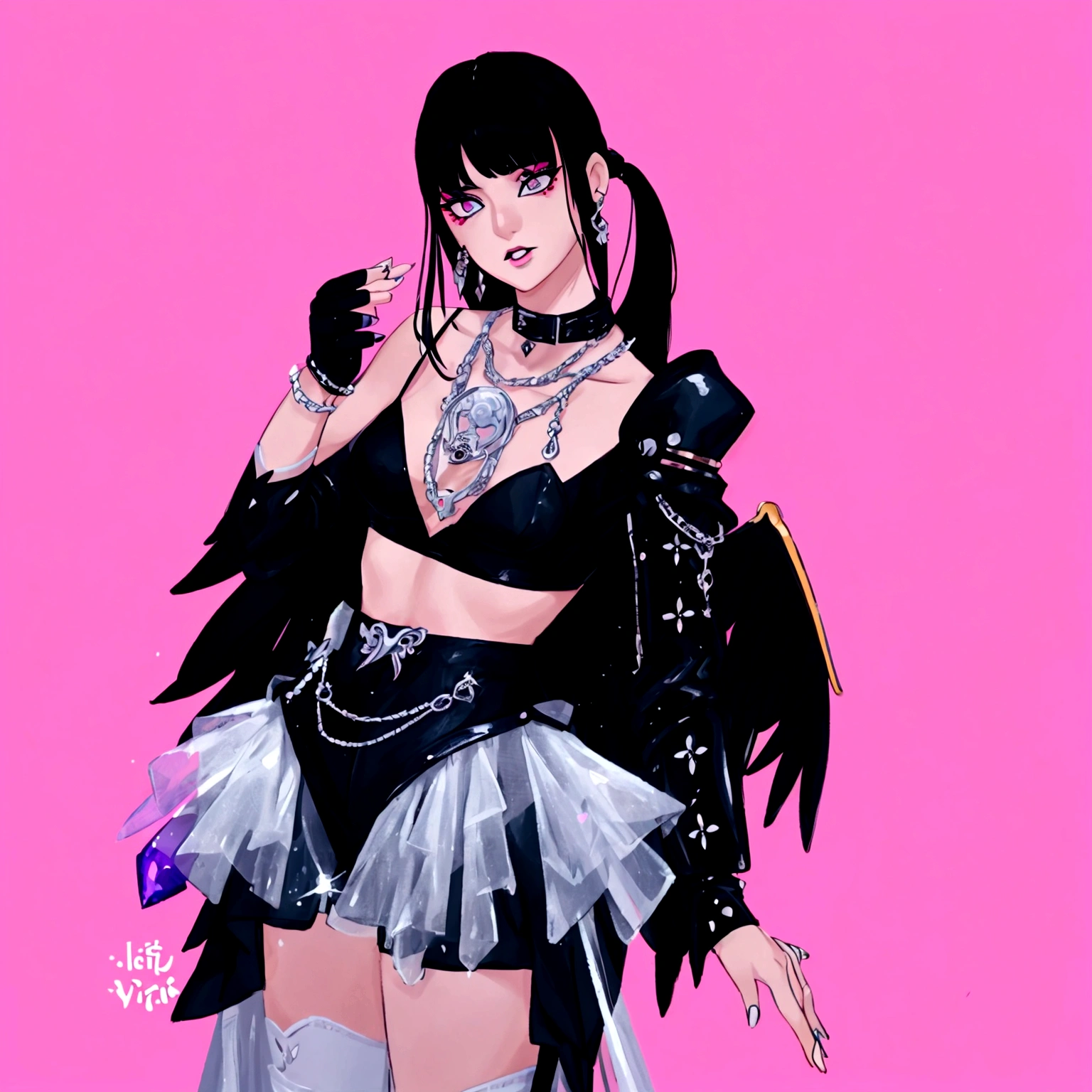 arafed image of a woman in a black outfit  imvu, as a mystical valkyrie, villainess has black angel wings, second life avatar, inspired by Sim Sa-jeong, upper body avatar, goth girl aesthetic, she has black hair with bangs, portrait of jossi of blackpink, HD, Detailed, clear color, high quality