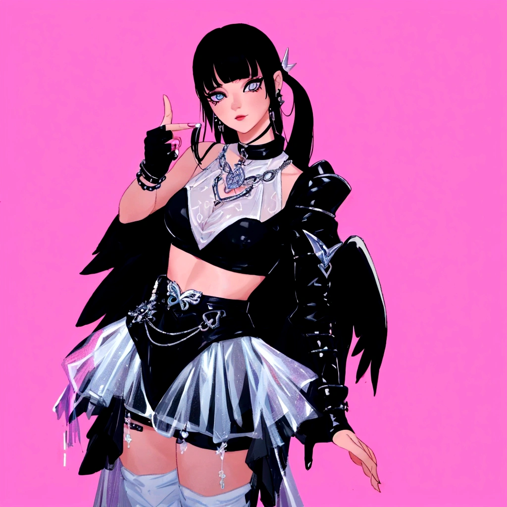 arafed image of a woman in a black outfit imvu, as a mystical valkyrie, villainess has black angel wings, second life avatar, inspired by Sim Sa-jeong, upper body avatar, goth girl aesthetic, she has black hair with bangs, portrait of jossi of blackpink, HD, Detailed, clear color, high quality