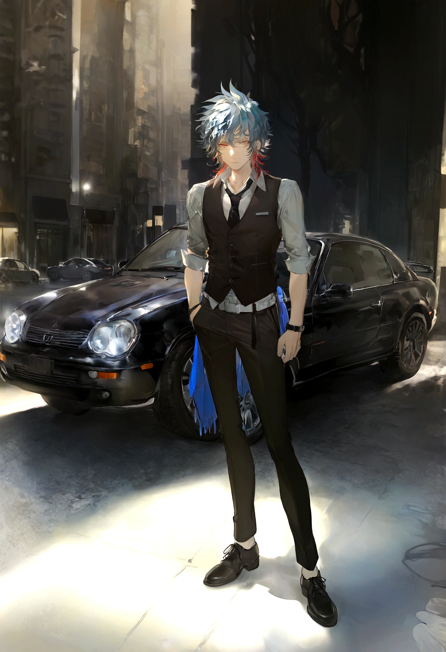 (masterpiece), (best quality), (ultra detailed),(disheveled hair),(illustration), (1boy), (Fashionable clothing), standing, Fashion model, looking at viewer, (interview), (simple background),beautiful detailed eyes, delicate beautiful face, Floating,(high saturation),(colorful splashes), male_focus, vest, multicolored_hair, shirt, black_footwear, pants, black_vest, two-tone_hair, necktie, black_pants, black_necktie, full_body, black_hair, short_hair, belt, standing, white_hair, focus on face, best lighting, car in the background, detailed best shadow, 1boy, solo