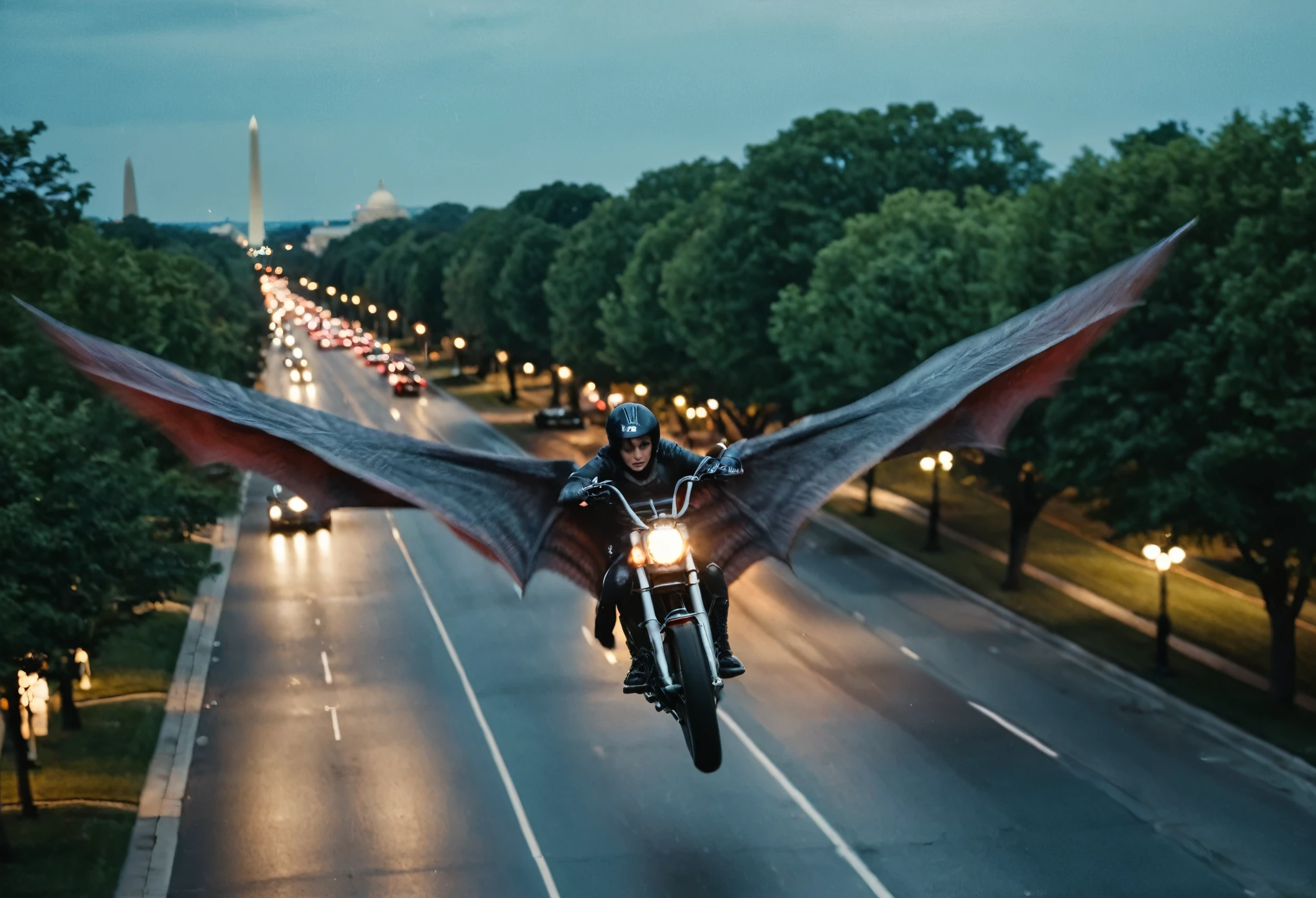 masterpiece, high quality, intricate details, cinematic photo a ([red|blue|white-dragon]) flying over [washington-dc], 1woman-rider buildings streets trees gloomy (nighttime) (high-shot) long-neck large-wings motion blur . 35mm photograph, film, bokeh, professional, 4k, highly detailed, highly detailed high saturation