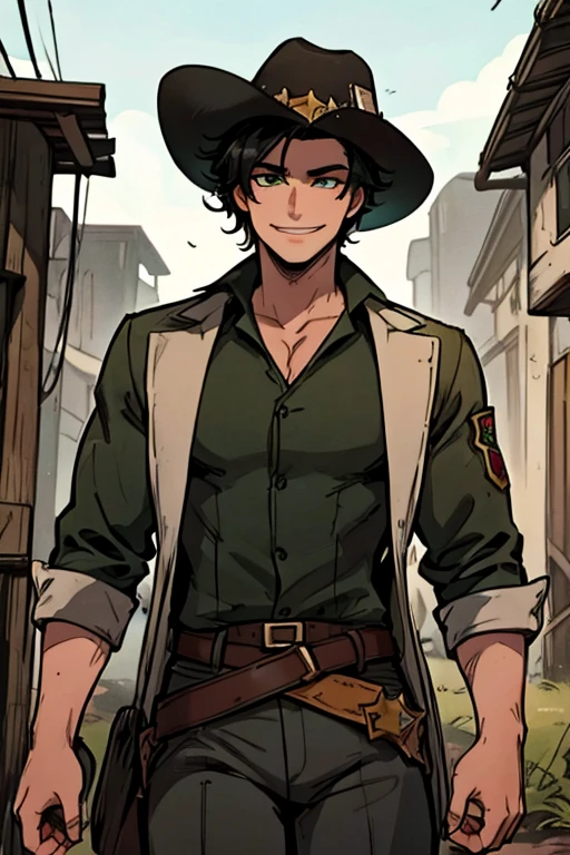 Perfect face, Perfect hands. A black haired male cowboy with green eyes in a sheriff's outfit is exploring an old mine with a big smile