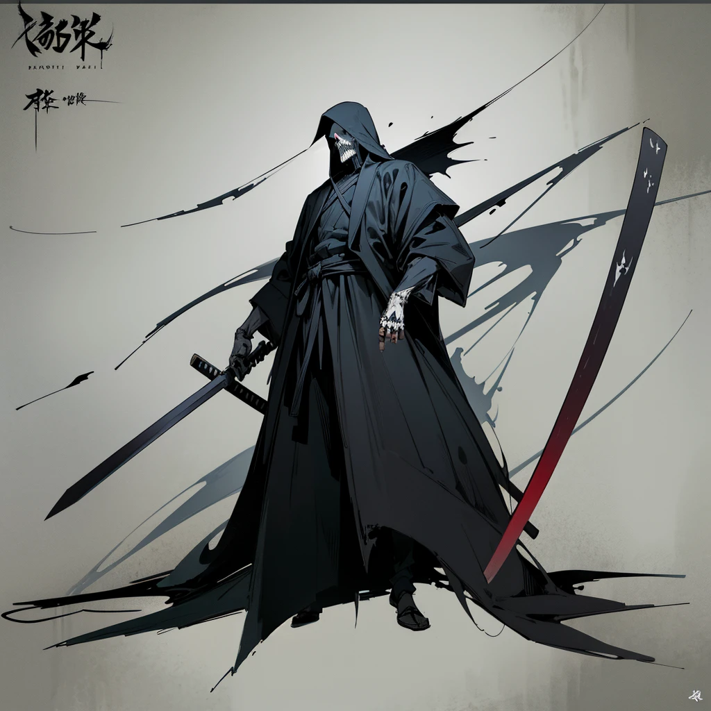 Drawing of a man holding a Japanese sword and a hatchet, the Angel of Death, Angel of Death, Full body concept, Spooky and gloomy art style, Detailed but rough, Pure black body, detailed Full body concept, Grim Reaper Illustration, Demon Soul concept art, skeleton with extra fleshy bits, dark souls concept, Dark skin