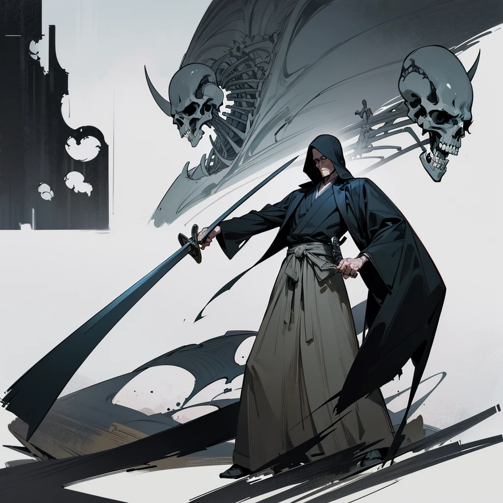 Drawing of a man holding a Japanese sword and a hatchet, the Angel of Death, Angel of Death, Full body concept, Spooky and gloomy art style, Detailed but rough, Pure black body, detailed Full body concept, Grim Reaper Illustration, Demon Soul concept art, skeleton with extra fleshy bits, dark souls concept, Dark skin