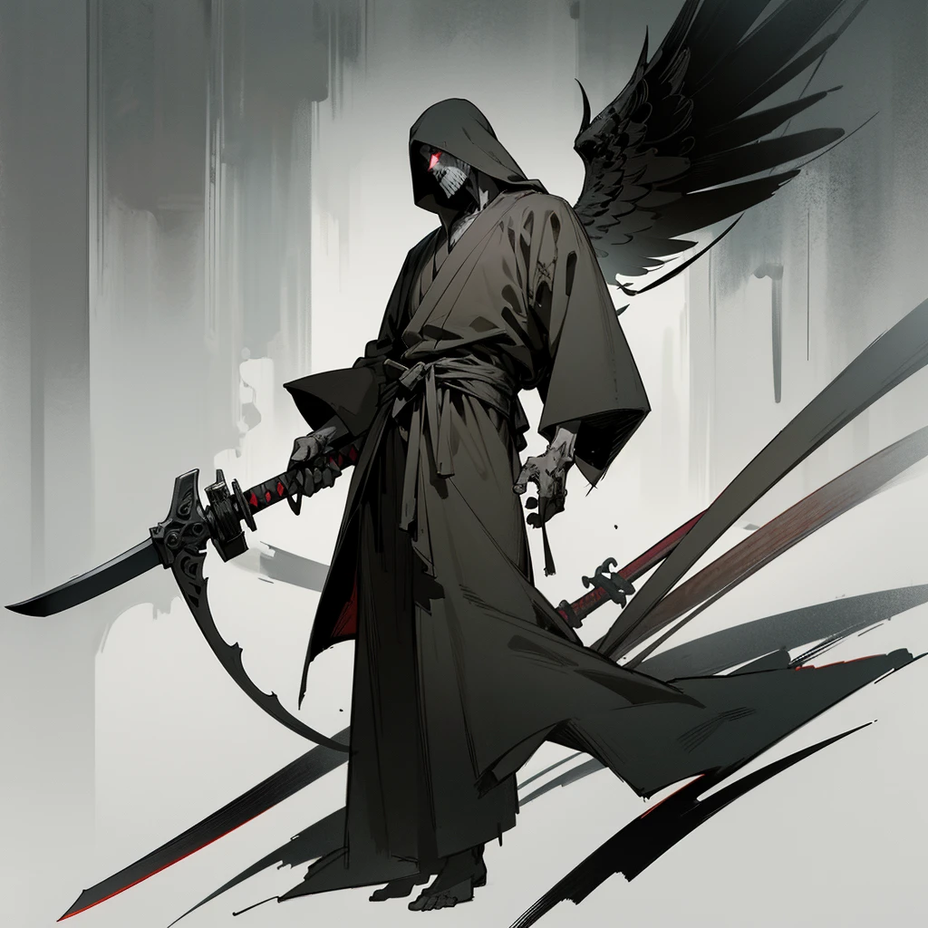 Drawing of a man holding a Japanese sword and a hatchet, the Angel of Death, Angel of Death, Full body concept, Spooky and gloomy art style, Detailed but rough, Pure black body, detailed Full body concept, Grim Reaper Illustration, Demon Soul concept art, skeleton with extra fleshy bits, dark souls concept, Dark skin