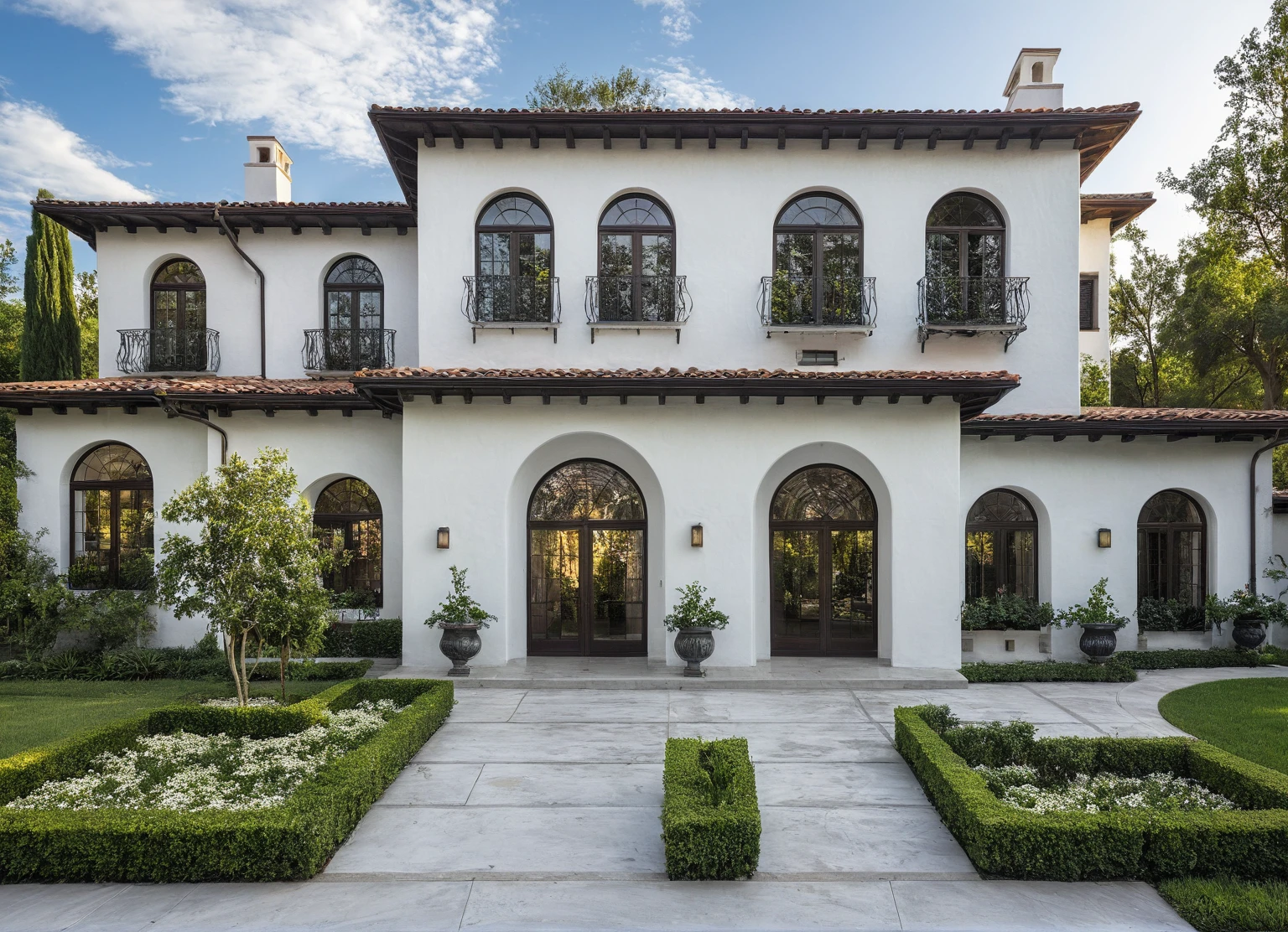 (RAW photo, masterpiece, best quality,ultra-detailed, extremely delicate and beautiful, highresolution, best shadow:1.1), A Mediterranean Italian style home with white stucco walls, black accents and windows, large front yard, vivid color, beautiful shrubs and flower, tropical tree and plants, professional photography in the style of an Italian classic home.