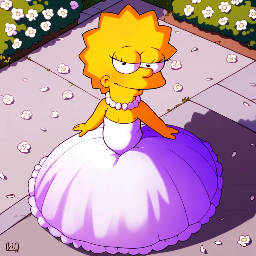 source_cartoon, (((1girl, solo, alone, lisa_simpson, short hair, flat chest, colored skin, yellow skin, shortstack))), looking at viewer, 

(((      ba11g0wn, white wedding dress, sleeveless, frills, layered long dress,       ))),

sexy pose, dynamic pose, dynamic angle, cowboy shot,

outdoor, garden, white flowers, day,