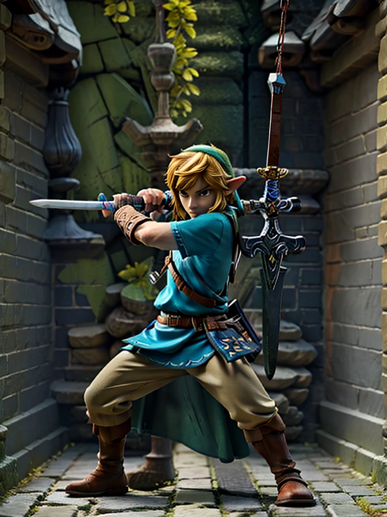 Character Link from Zelda, very calm and mysterious, he is playing with the sword and show some partial blur from his sword swing. 