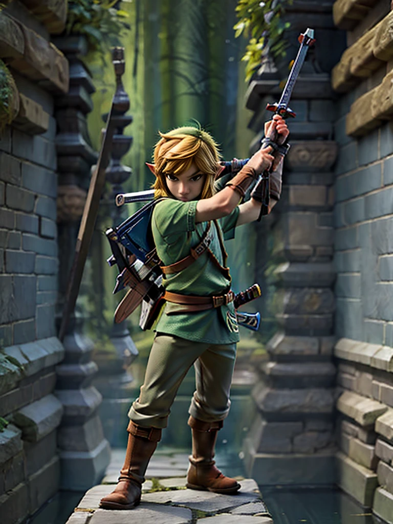 Character Link from Zelda, very calm and mysterious, he is playing with the sword and show some partial blur from his sword swing. 