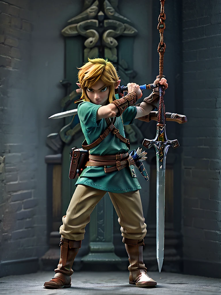 Character Link from Zelda, very calm and mysterious, he is playing with the sword and show some partial blur from his sword swing. 