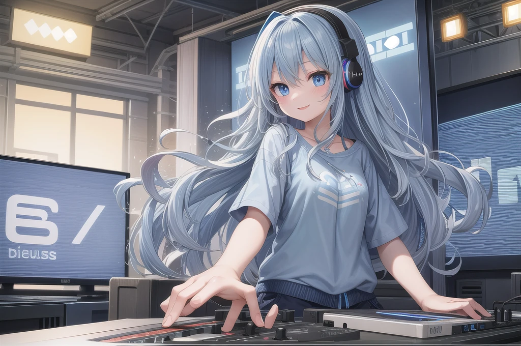 One girl, alone, 20-year-old, Light blue eyes, Blue Hair, Long, beautiful wavy hair, smile, Nice casual clothes, grassland, headphone, Detailed DJ equipment, djing, masterpiece, Fine Fingers, 最high quality:1.4, high quality, detailed