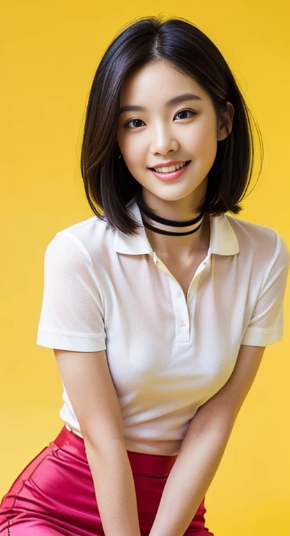(A Gorgeous Lady, age 23, White T-shirt & Pink Pencil Skirt, BlackPink Choker, natural pose, dimpled smile, short_bob_hair_side_bangs, cute snaggletooth, well-endowed round bosom, photorealistic, Hello_Kitty_Cuteness, beautiful detailed eyes, hyper-realism, high contrast, ultra HD, realistic skin textures, top image quality, top-quality, super high resolution, fine details, very meticulously, head_to_knees, High_Angle_Shot, simple yellow background)