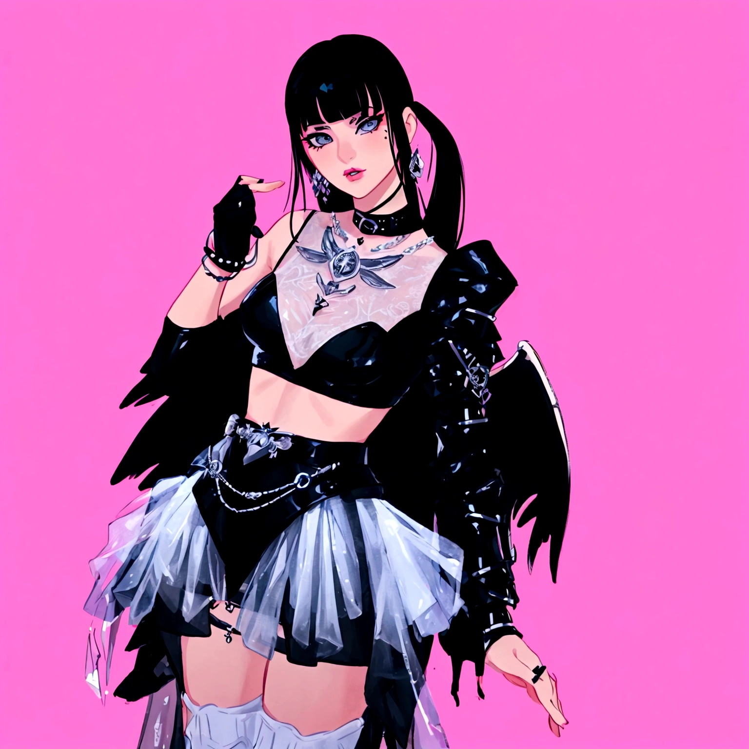 arafed image of a woman in a black outfit imvu, as a mystical valkyrie, villainess has black angel wings, second life avatar, inspired by Sim Sa-jeong, upper body avatar, goth girl aesthetic, she has black hair with bangs, portrait of jossi of blackpink, HD, Detailed, clear color, high quality, super detail, ultra high quality