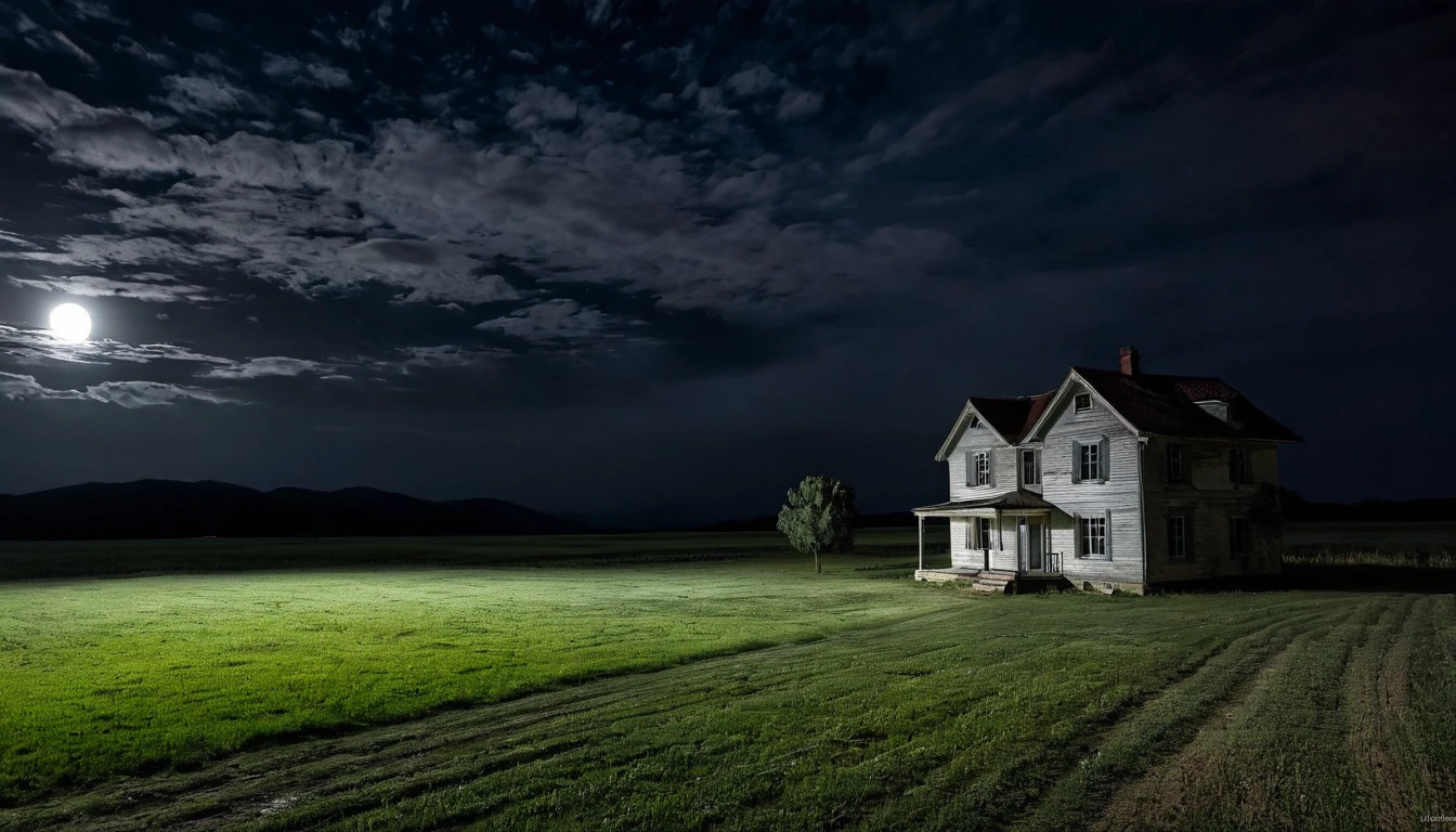 isolated house, open field, sinister night, suspenseful environment, fear,
