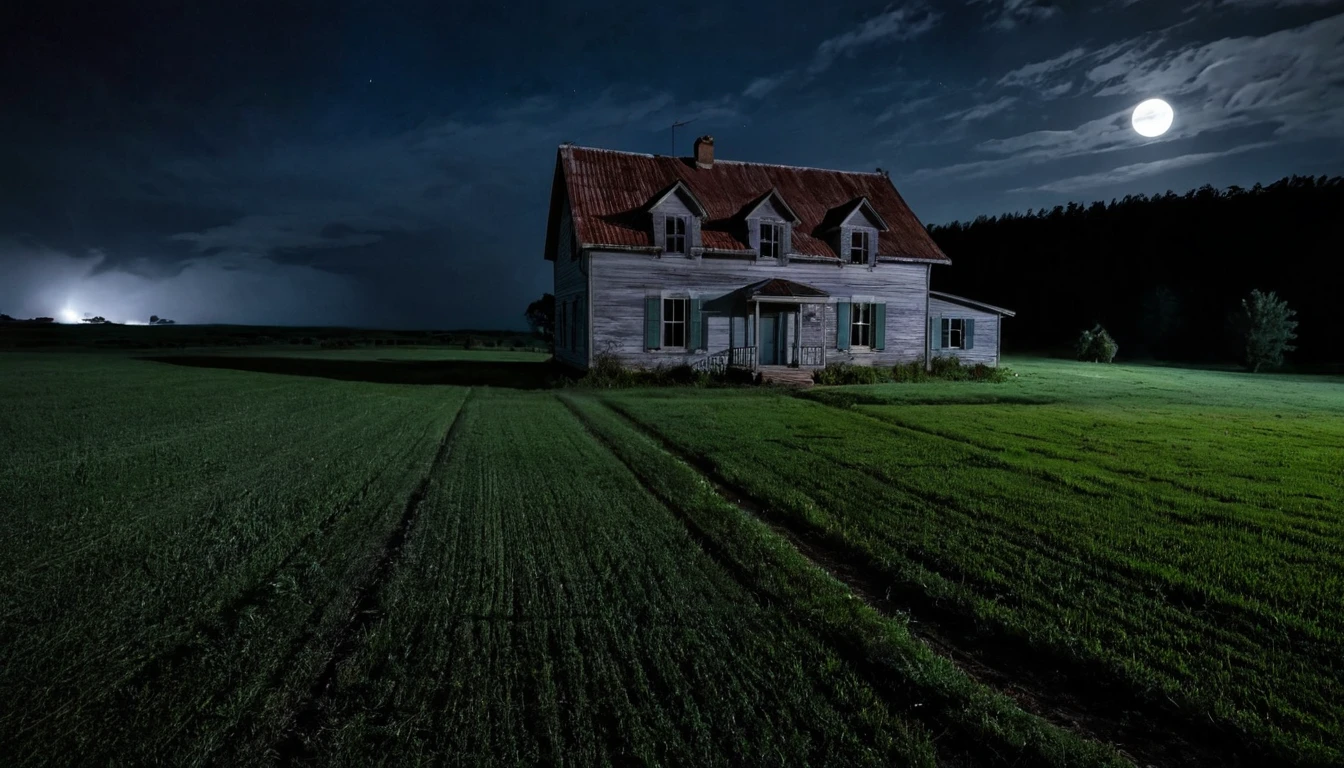 isolated house, open field, sinister night, suspenseful environment, fear,