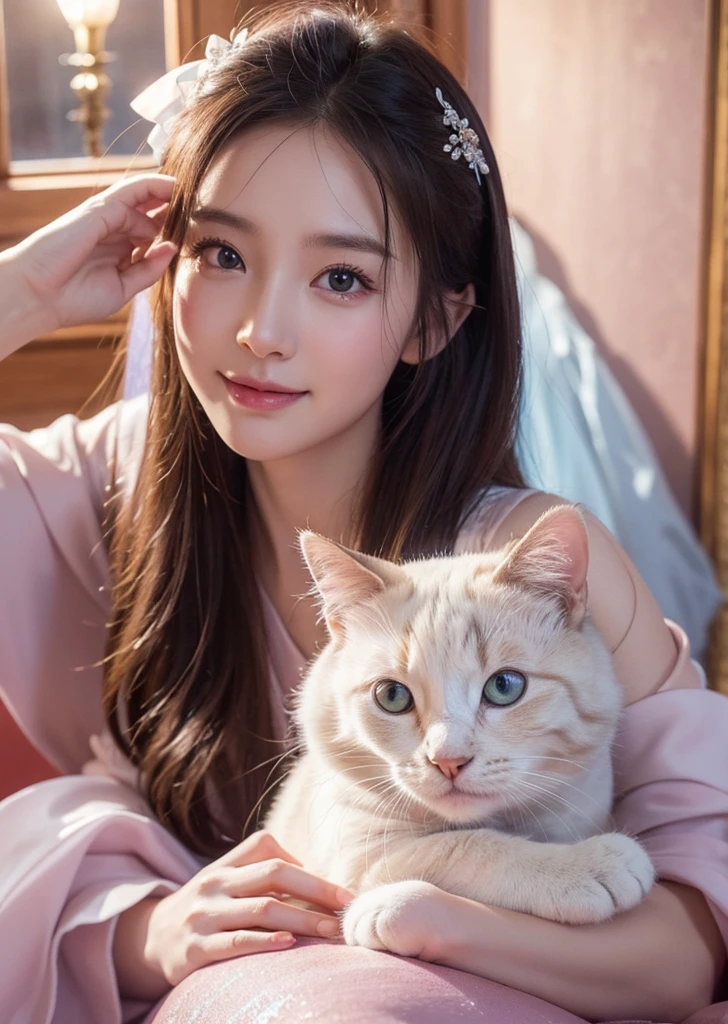 Diffuse lighting、 Highest quality, High resolution, unity 8k wallpaper、Supersaturation, Colorful, fairy tale, dream-like, Movie-like characters, oil, 3d, 8K resolution, Sequins, Sparkling, moonlight, Close-up portrait adorable,Too cute cat, Fine grain, Large, round, reflective eyes,Dreamland、pastel colour、pleasant to the touch、Facing forward、smile、full moon、Mysterious Flower、Beautiful cat、cute cat、猫のInside the castle、Inside the castle、
