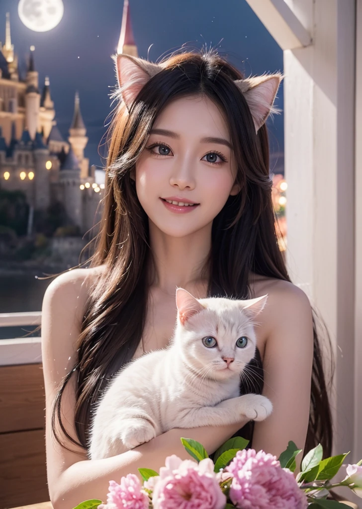 Diffuse lighting、 Highest quality, High resolution, unity 8k wallpaper、Supersaturation, Colorful, fairy tale, dream-like, Movie-like characters, oil, 3d, 8K resolution, Sequins, Sparkling, moonlight, Close-up portrait adorable,Too cute cat, Fine grain, Large, round, reflective eyes,Dreamland、pastel colour、pleasant to the touch、Facing forward、smile、full moon、Mysterious Flower、Beautiful cat、cute cat、猫のInside the castle、Inside the castle、