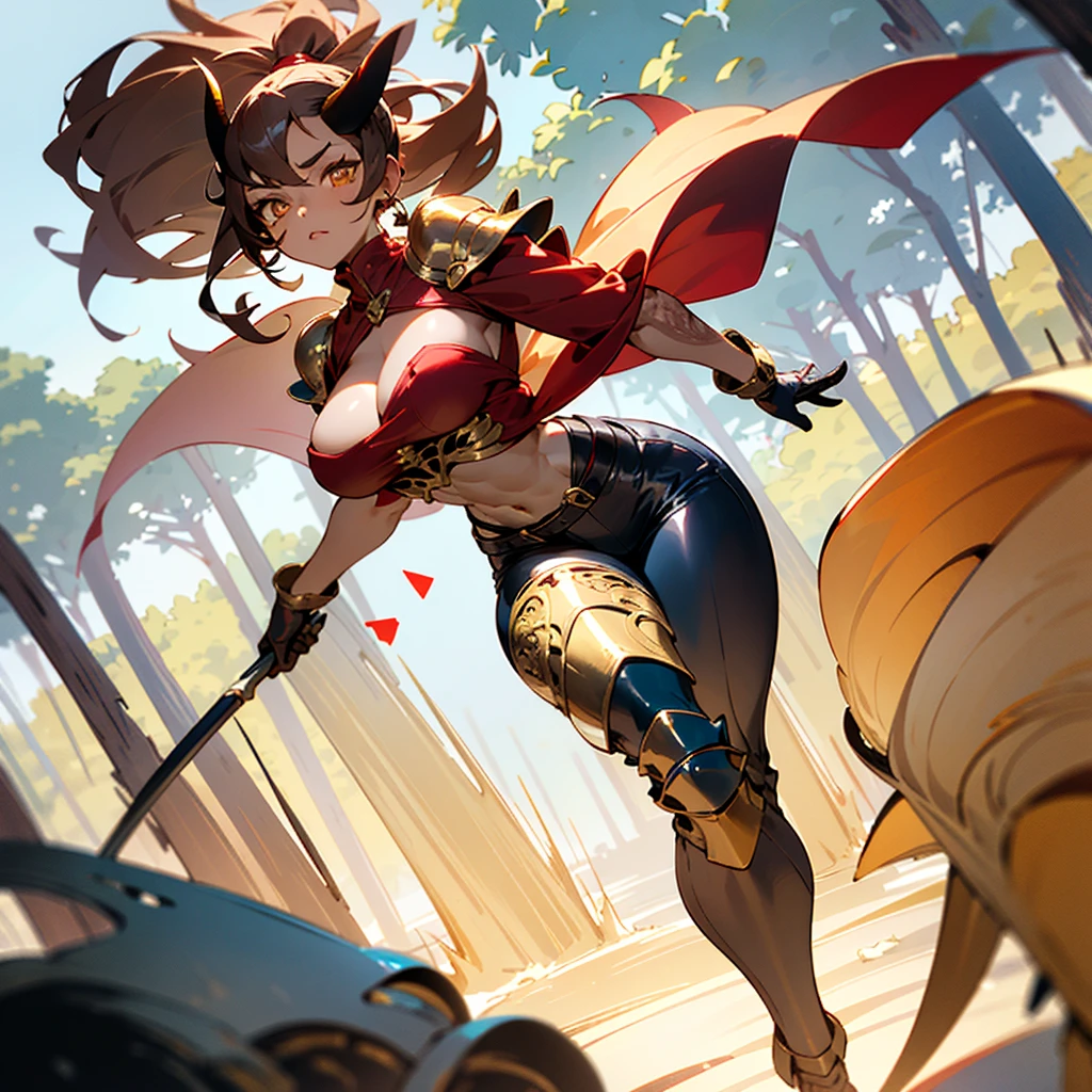 ((best quality)), ((masterpiece)), (detailed), 1girl, off-shoulder sweater, 8k_wallpaper, extremely detailed eyes, extremely detailed body, (large masterpiece digital art), ((perfect anatomy huge chest)), (intricate details:1.3), (ultra-detailed:1.3), (sharp focus:1.3), (natural lighting:1.05), (vivid colors:1.3), (best quality:1.4), high quality, expressive eyes, full body, tall girl, detailed face, beautiful face, perfect face, detailed ((sand hair)), (gold eyes), ((big red horns)), {{dark skin}}, ({dark skinned female}), gigantic breasts, thick thighs, a young Korean woman, (with golden eyes), (ponytail sandy lush hair), {tanned dark bronze skins), powerful sculpted leg muscles, powerful sculpted arm muscles, powerful sculpted abdominal muscles, sculpted thigh muscles, wears a red coat with rolled up sleeves, gold-colored steel heavy armor, a wide red leather belt with silver thread, leather pants with steel thigh guards, leather steel gloves, walking through the forest, trees with blue foliage and white flowers,
