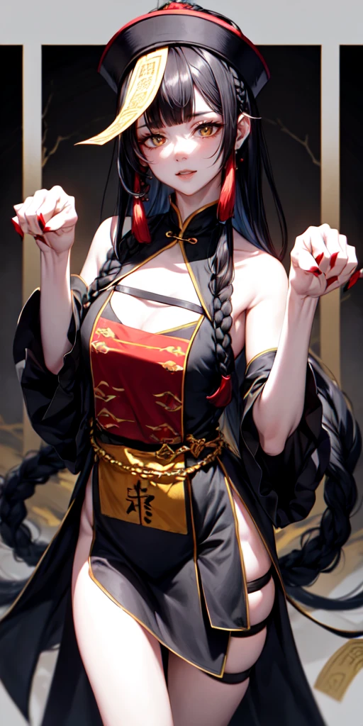 lora:flat:-1.2, masterpiece, best quality, 4k, 8k, 1 woman, solo, tall stature, long hair, blunt bangs, side braid, black hair, ugly face, bad face, bad eyes, droopy eyes, unclear eyes, ruby red eyes, lemon yellow eyes, pale skin, black eyeliner, black eye shadow, heterochromia, slender frame, sad, ofuda, jiangshi costume:1.2, fang, horror, coffin, forest, dark night, stormy weather, fog, from front, cowboy shot, look at viewer, paw pose,