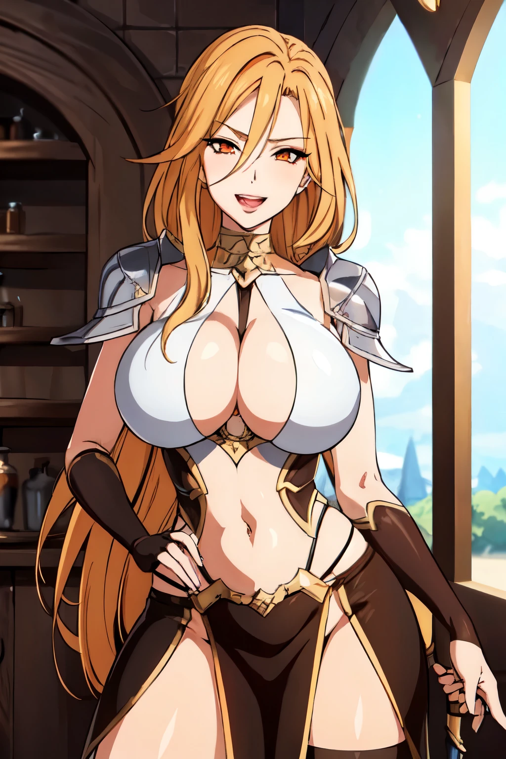 freya, 7ds, orange eyes, big breast, gorgeous, amazing body, blush, lipstick, Hot girl, baddie, staring, glaring, bad attitude, mean girl, dare, angry, hate, crazy, smoking, sensual, attractive, masterpiece, best quality, highly detailed, fantasy , a anime girls in armored dress holding a sword
posing for a picture, evil smile, smile, open mouth, breastplate with open cleavage, cleavage, warrior
outfit, ecchi anime style, anime girls, ecchi style, (nsfw) not safe for work, ecchi, digital anime art!!, in
anime style, official artwork, visual novel cg, beautiful anime girl, anime style 4 k , loincloth, exposed
belly, exposed navel, exposed midriff, exposed lower belly, pencil skirt armored, castle,inside castle