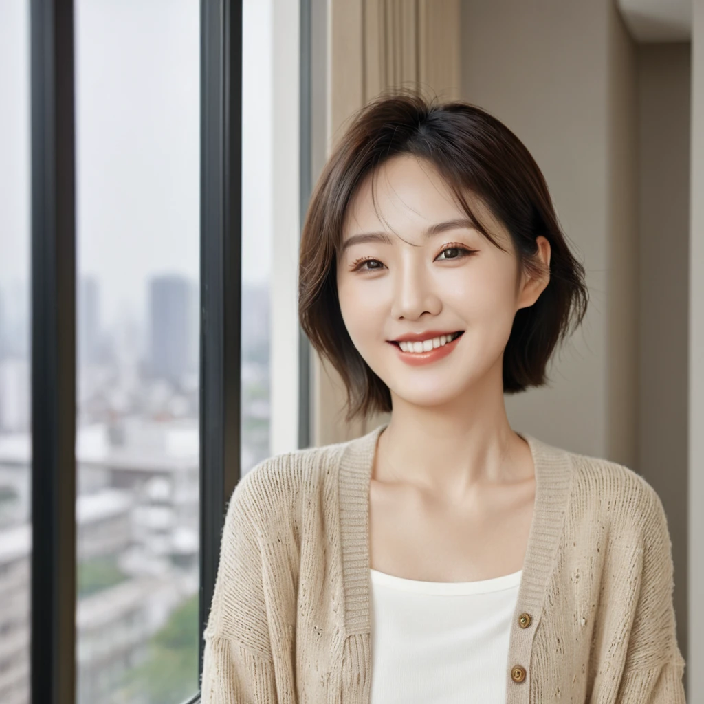 8k best picture quality, Beautiful 36-year-old Korean woman, The eyes are big, round and clear.. smile. short medium hair. Chest size 34 inches, Wearing a cardigan and beige jeans. Standing at the window of a luxury apartment, full body shot, Your eyes are big and pretty