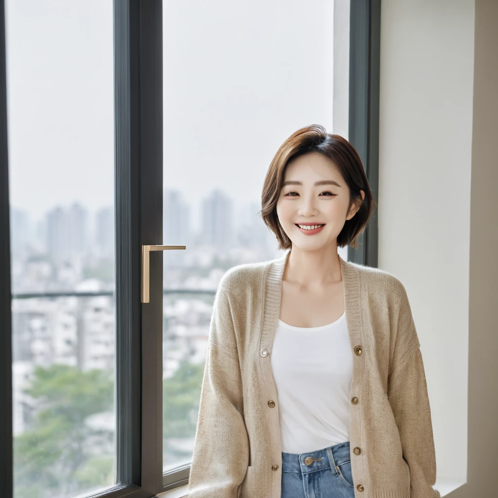 8k best picture quality, Beautiful 36-year-old Korean woman, The eyes are big, round and clear.. smile. short medium hair. Chest size 34 inches, Wearing a cardigan and beige jeans. Standing at the window of a luxury apartment, full body shot, Your eyes are big and pretty