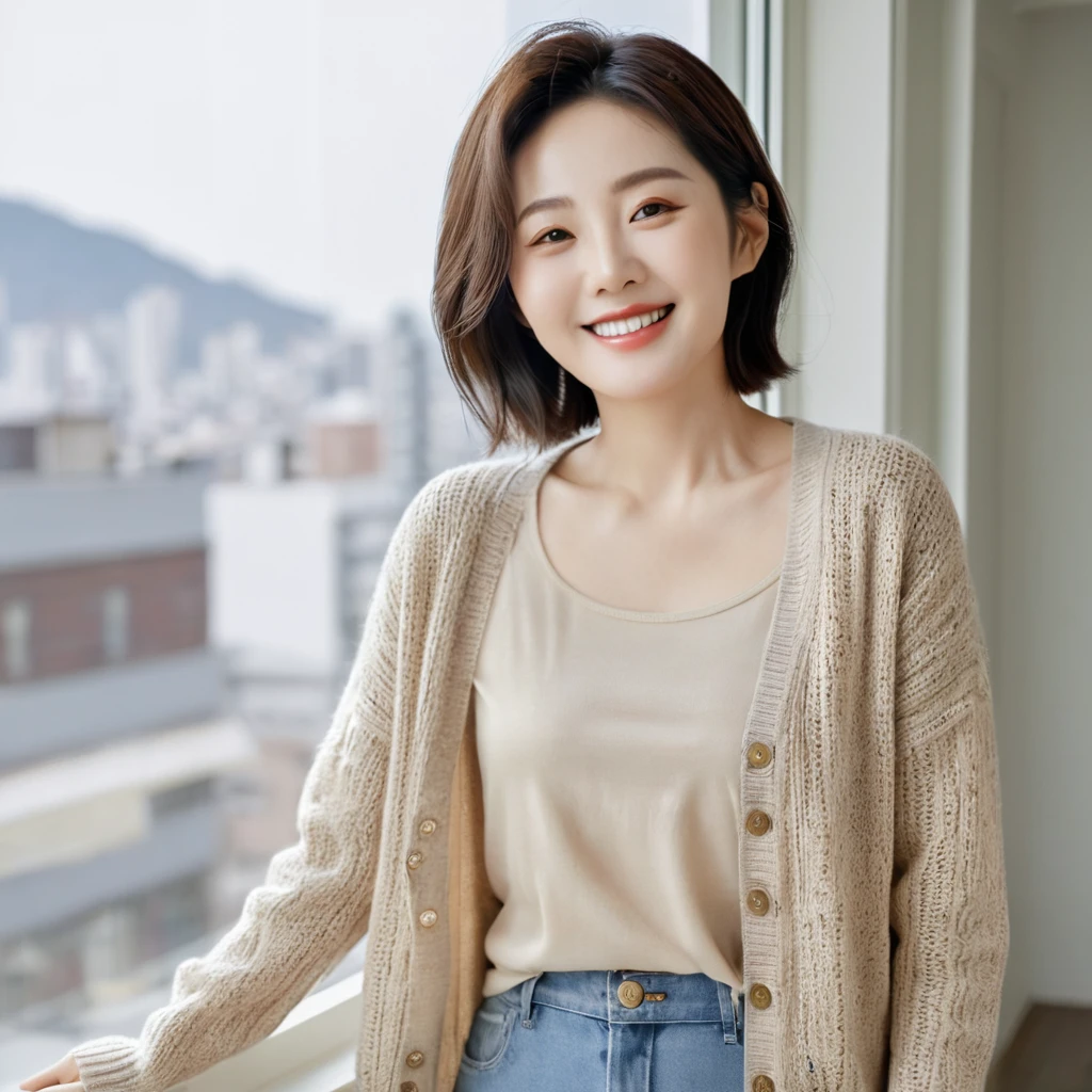 8k best picture quality, Beautiful 36-year-old Korean woman, The eyes are big, round and clear.. smile. short medium hair. Chest size 34 inches, Wearing a cardigan and beige jeans. Standing at the window of a luxury apartment, full body shot, Your eyes are big and pretty
