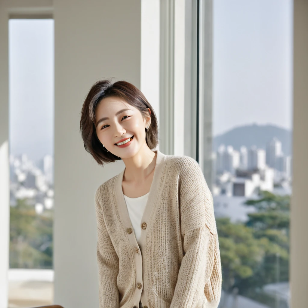 8k best picture quality, Beautiful 36-year-old Korean woman, The eyes are big, round and clear.. smile. short medium hair. Chest size 34 inches, Wearing a cardigan and beige jeans. Standing at the window of a luxury apartment, full body shot, Your eyes are big and pretty