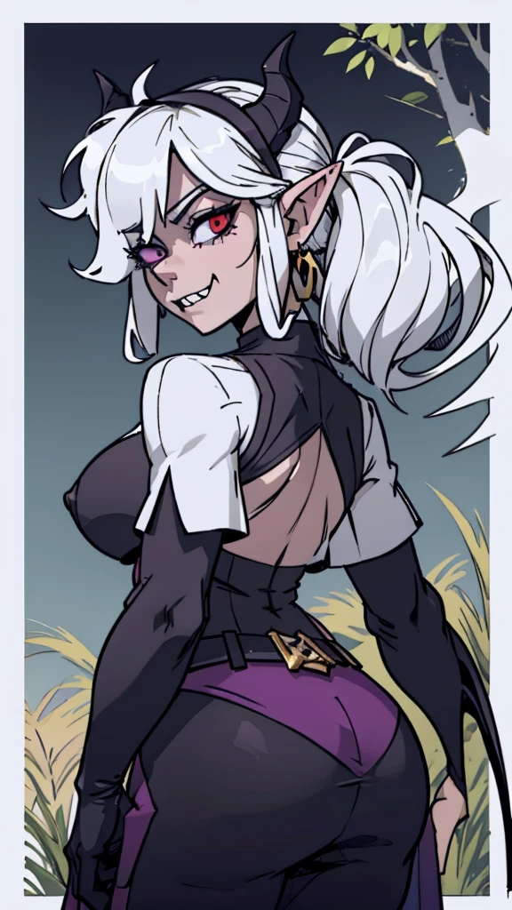Elfa gato linda surreal, cabelos muito ruivos e detalhados, rosto detalhado, grandes chifres de demonio, gorda, corpo inteiro, grandes olhos, nariz longos e pontudos, colettetrixie, sharp teeth, hair over one eye, hairband, demon horns, colored sclera, purple shirt, purple shorts, demon wings, frieren, 1girl, long hair, pointy ears, twintails, jewelry, elf, earrings, capelet, white capelet, long sleeves, parted bangs, dress, belt, flower, pomni, gloves, puffy short sleeves, red eyes and blue eyes, striped, very big tits, very very big ass, very chubby, 8k, hd, hdr, morrigan aensland